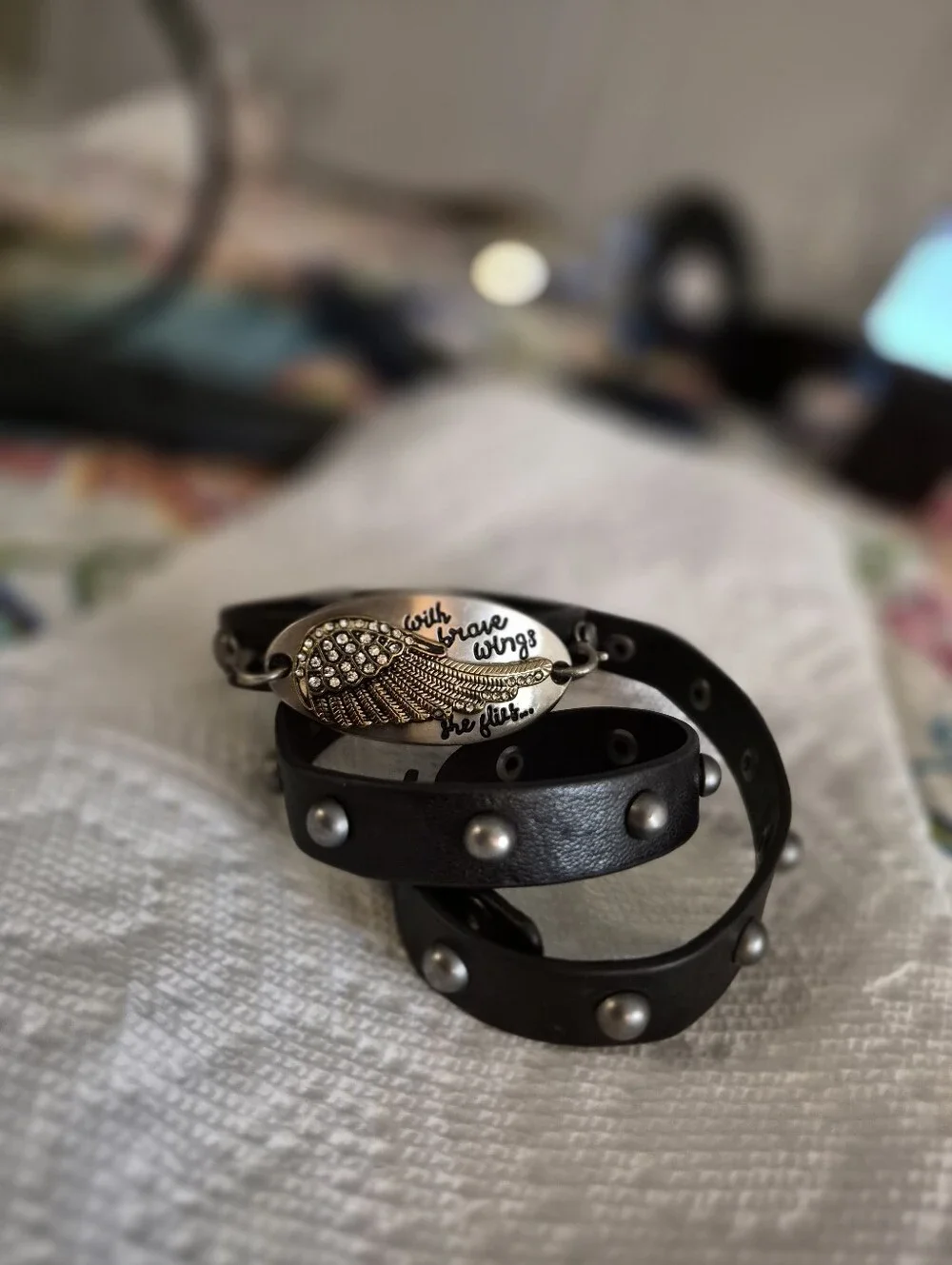 Black Studded Boho Blue Moon Wrap w 3 Connector Charms Bracelet